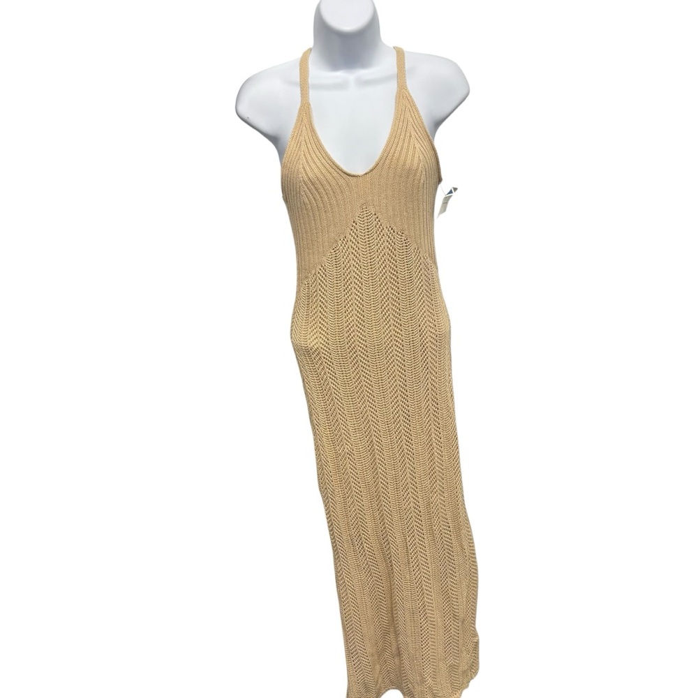 Freshman‎ 1996 Tan Crochet Knit Maxi Dress Criss Cross Back Size M NEW